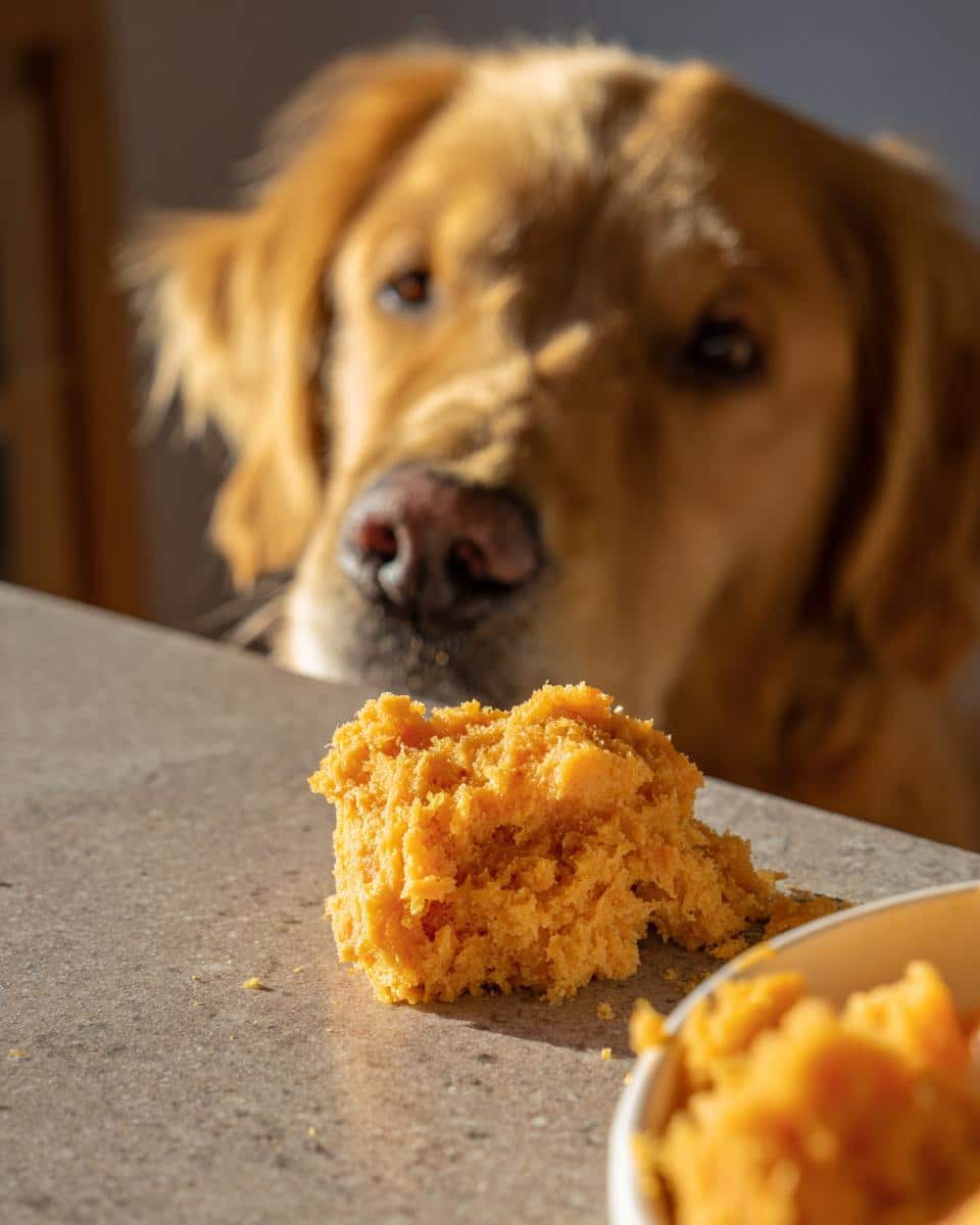 Golden Retriever looking at Salmon & Pumpkin Dog Food. Healthy food for dog coats.