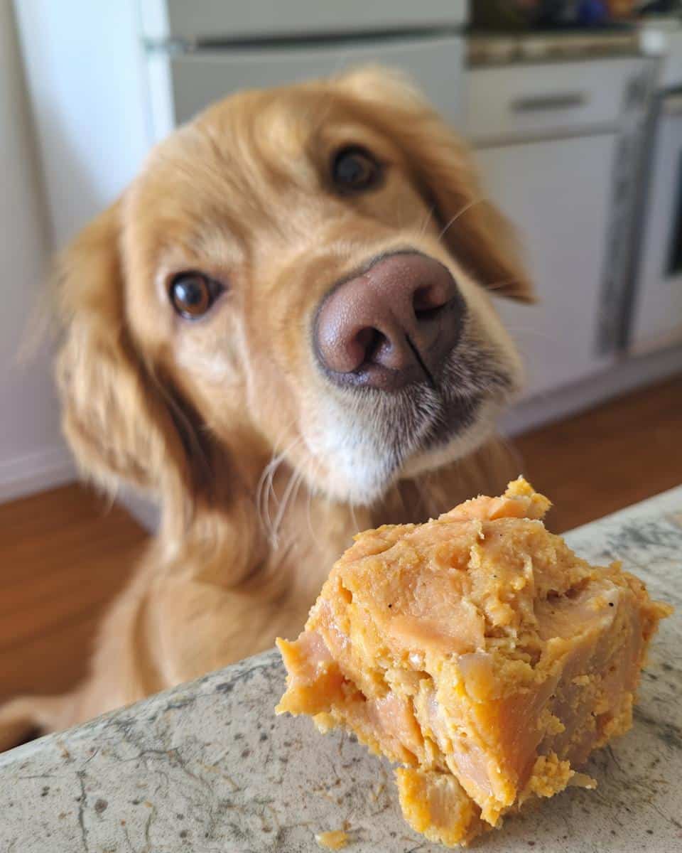 Golden retriever looking at a portion of Salmon & Pumpkin Dog Food. Focus on the dog food.