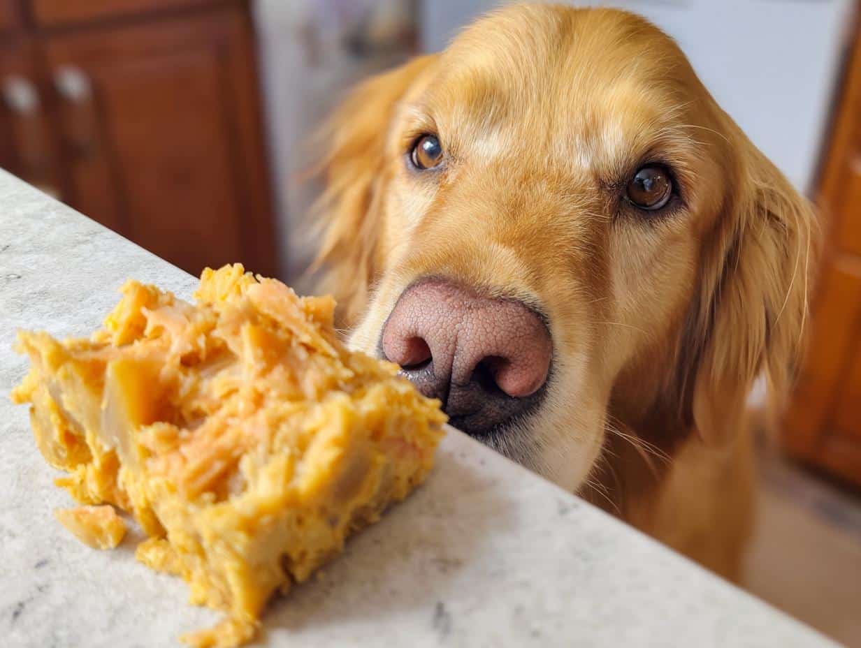 Golden Retriever dog looking at a pile of Salmon & Pumpkin Dog Food for Coats on a counter.