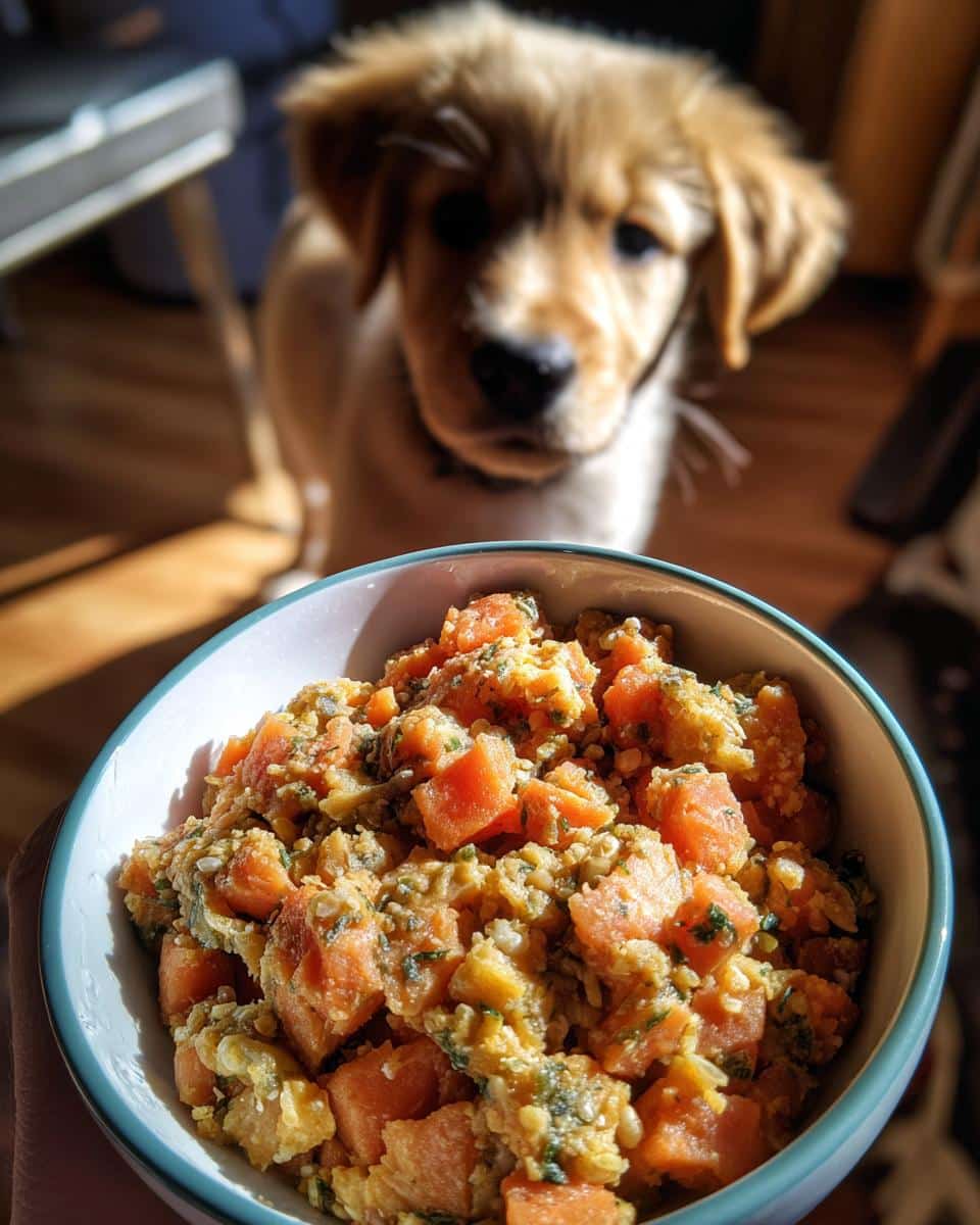 Close-up of Salmon & Pumpkin Puppy Dog Food in a bowl, with a puppy looking on in the background.