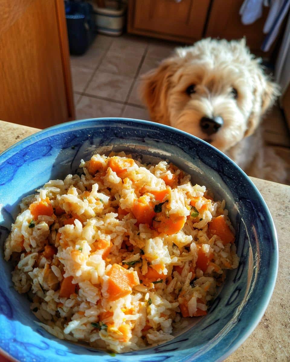 A bowl of Salmon & Pumpkin Puppy Dog Food with a cute puppy dog looking at it in the background.