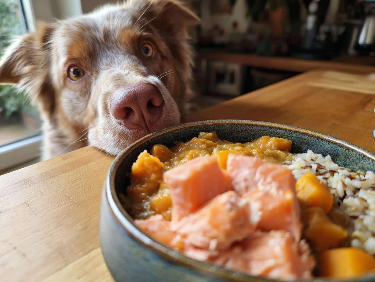Dog longingly looks at a bowl of Salmon & Pumpkin Puppy Dog Food. Healthy and delicious treat for your pet.