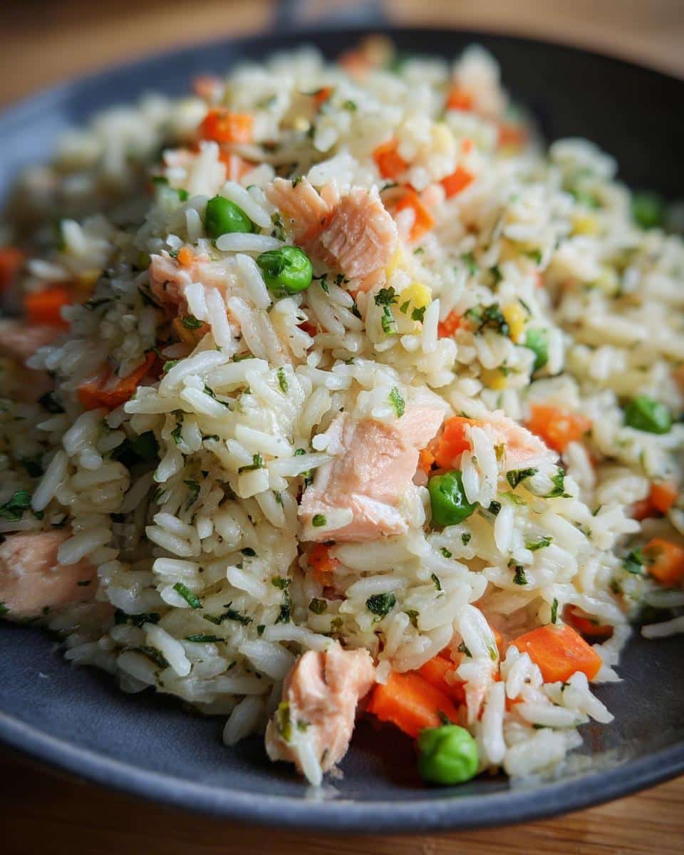 Close-up of Salmon & Rice Healthy Dog Meal with salmon pieces, rice, carrots, and peas.
