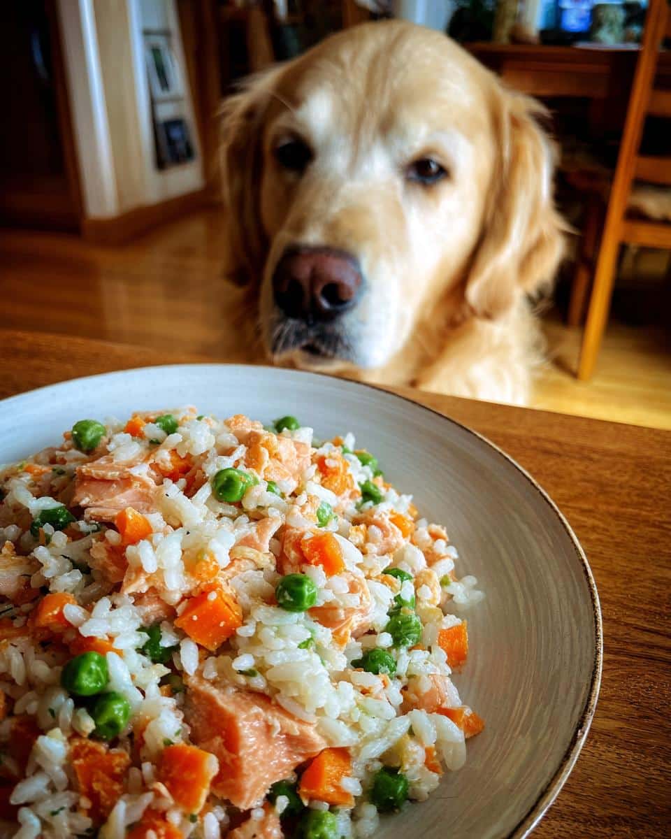 Golden Retriever dog looks longingly at a bowl of Salmon & Rice Healthy Dog Meal.