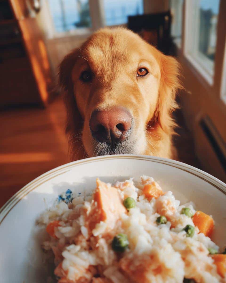 Golden retriever looking at a bowl of Salmon & Rice Healthy Dog Meal with peas and carrots.