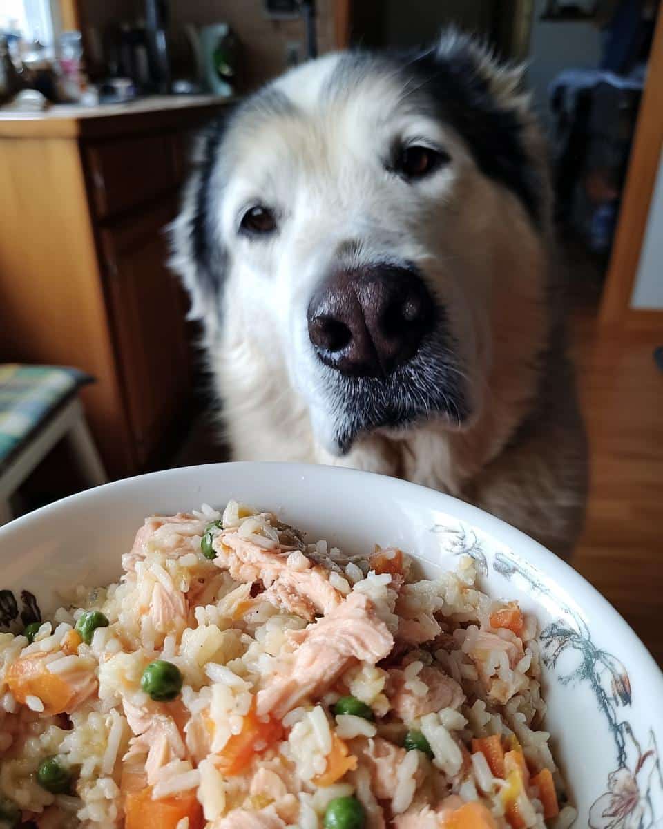 A large dog looks longingly at a bowl of Salmon & Rice Large Dog Food Recipe.