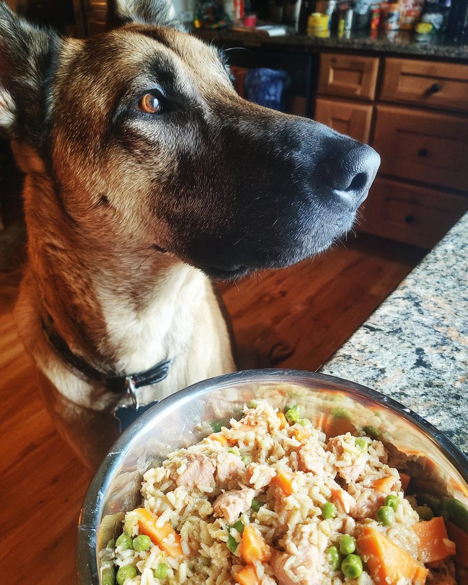 A large dog looks longingly at a bowl of Salmon & Rice Large Dog Food with peas and carrots.