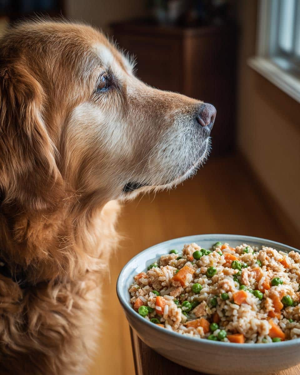 Golden Retriever dog looking at a bowl of Salmon & Rice Large Dog Food. Healthy homemade dog food.