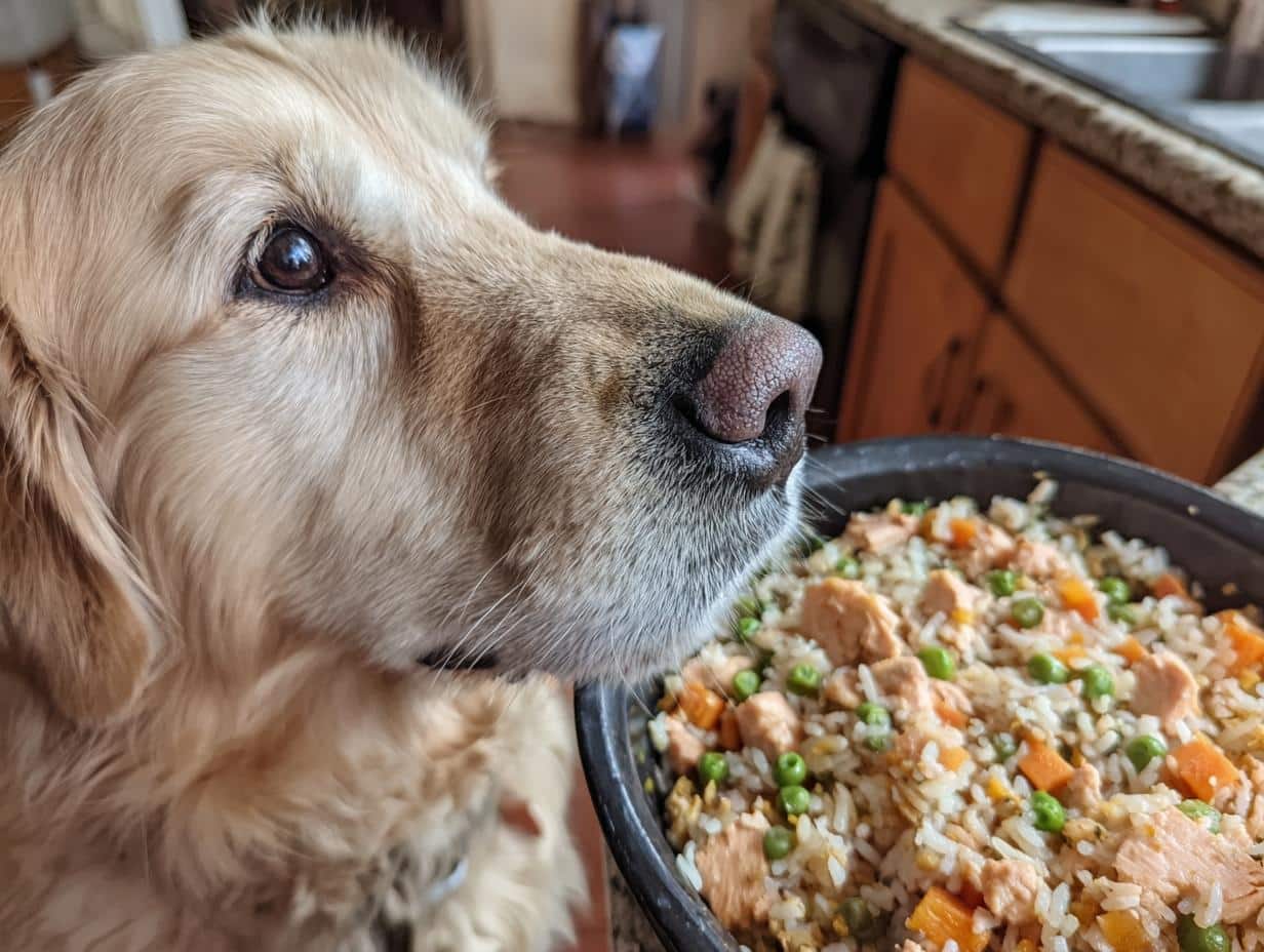 Golden Retriever dog looking at a bowl of Salmon & Rice Large Dog Food Recipe with peas and carrots.
