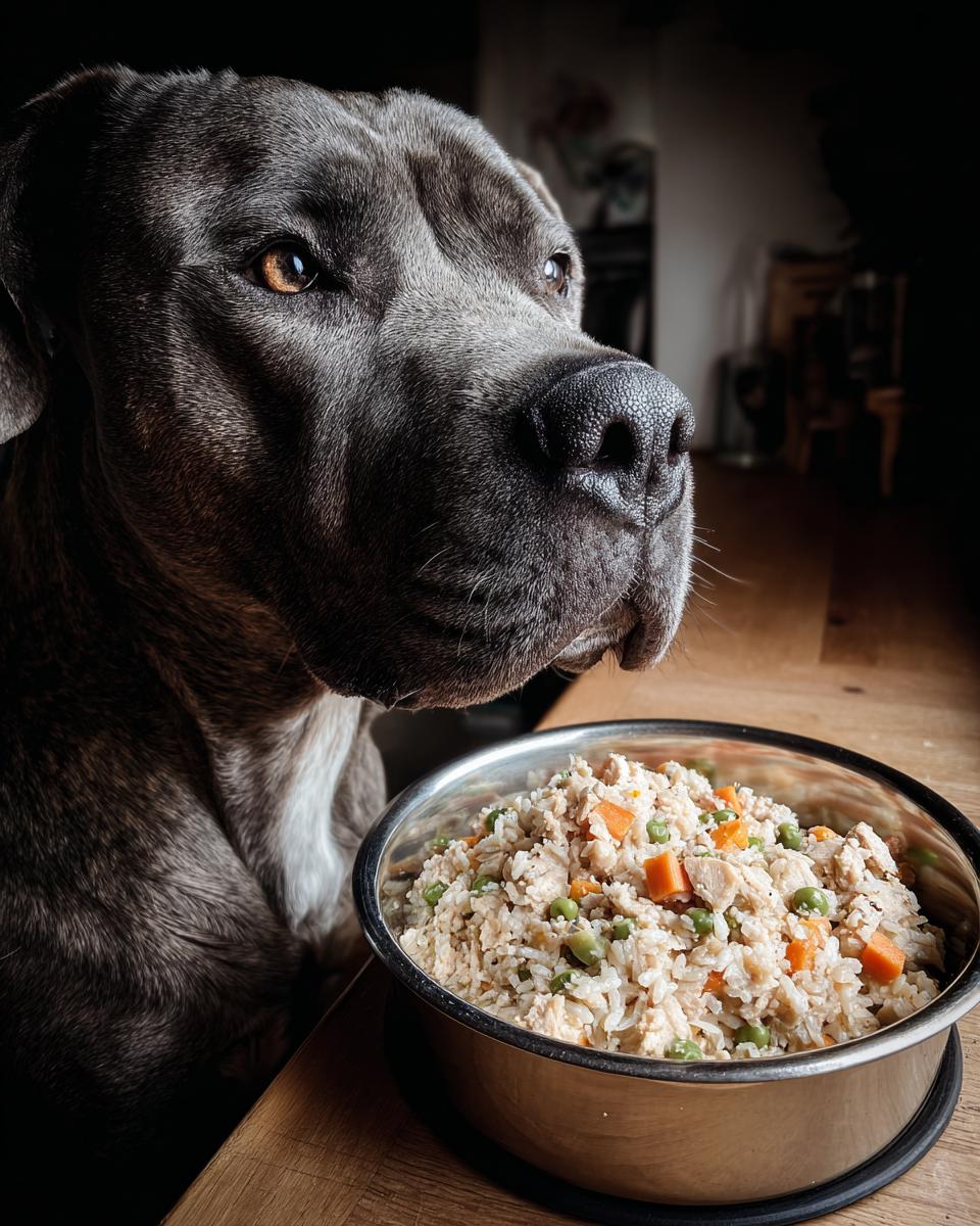 A large dog looks longingly at a bowl of Salmon & Rice Large Dog Food Recipe. Focus on the dog and the food.