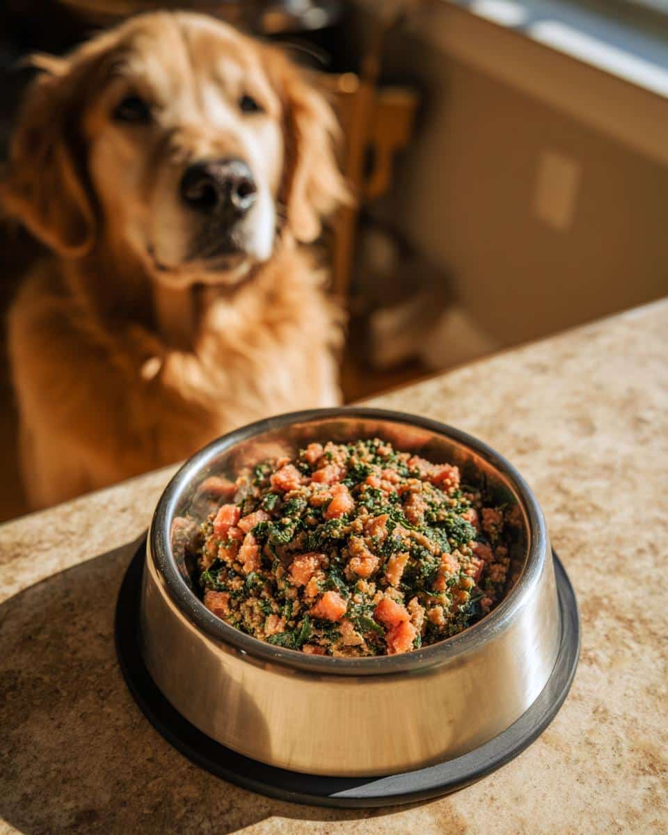 Golden retriever looking at a bowl filled with Salmon & Spinach Dog Recipe.
