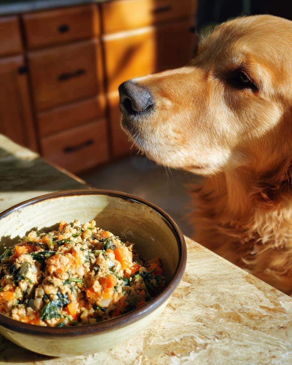 Golden retriever looking at a bowl of Salmon & Spinach Dog Recipe, ready to eat.