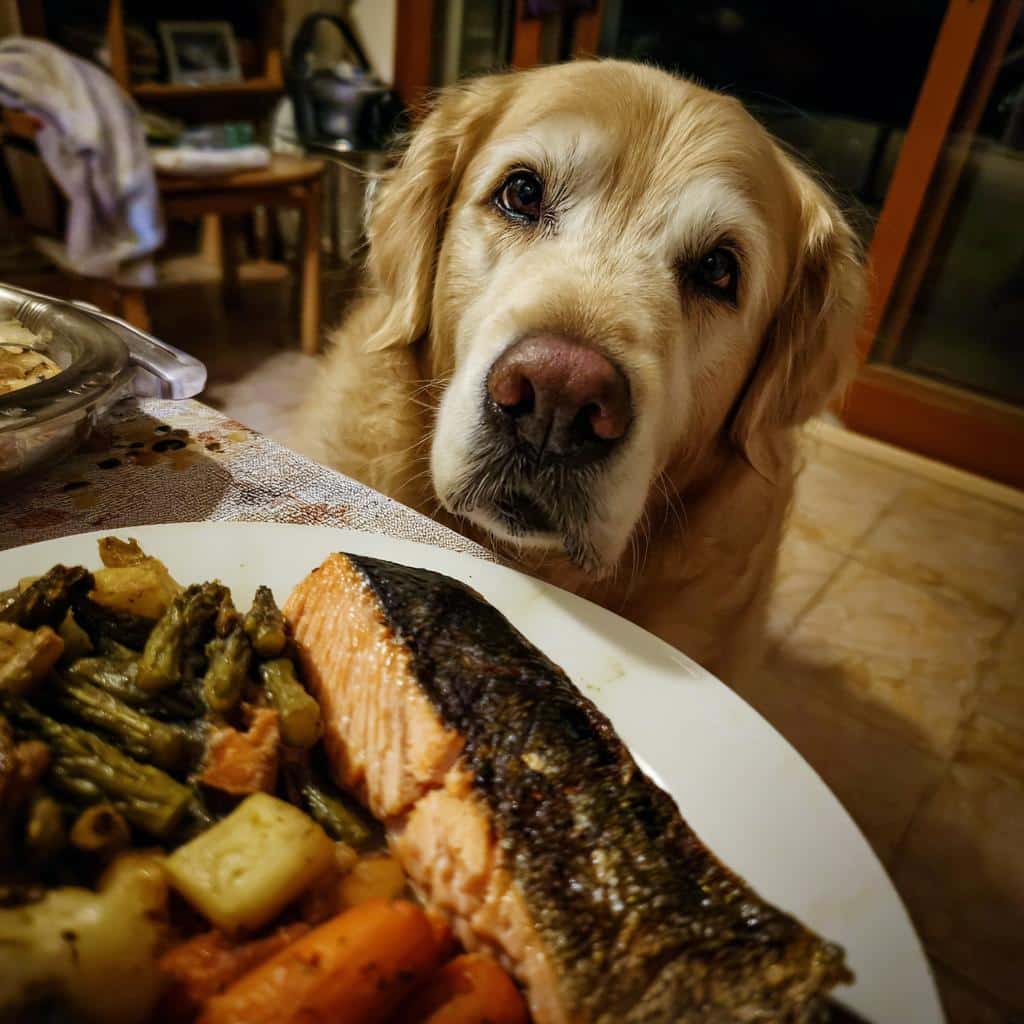 Golden Retriever dog looking longingly at a plate of Salmon & Spinach Dog Recipe with carrots and potatoes.