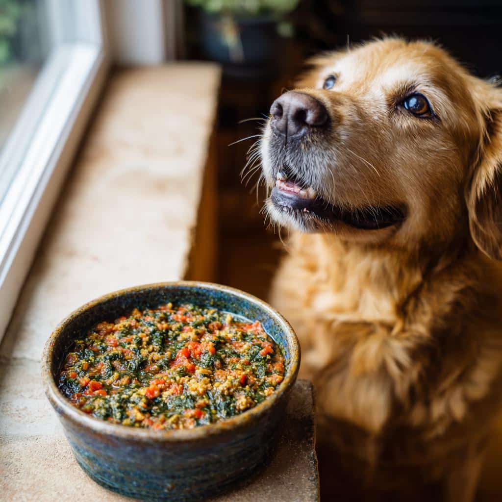 Golden Retriever dog looking at a bowl of Salmon & Spinach Dog Recipe food in a blue bowl.