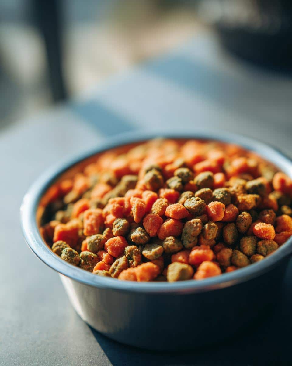 Bowl of kibble for a Salmon & Spinach Dog Recipe. A mix of orange and green pieces.