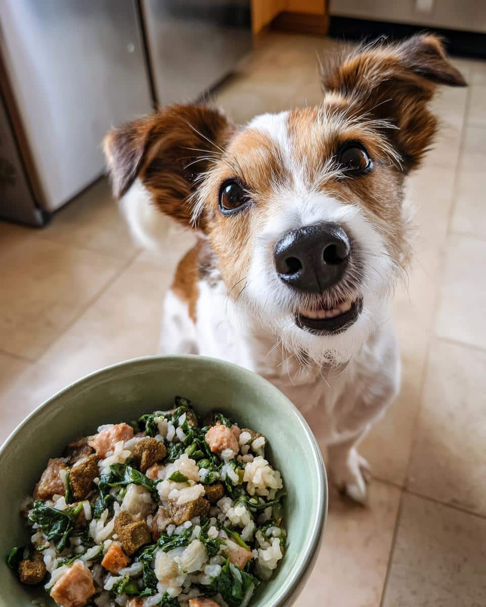 A happy small dog looks at the camera with a bowl of Salmon & Spinach Small Dog Food in front of it.