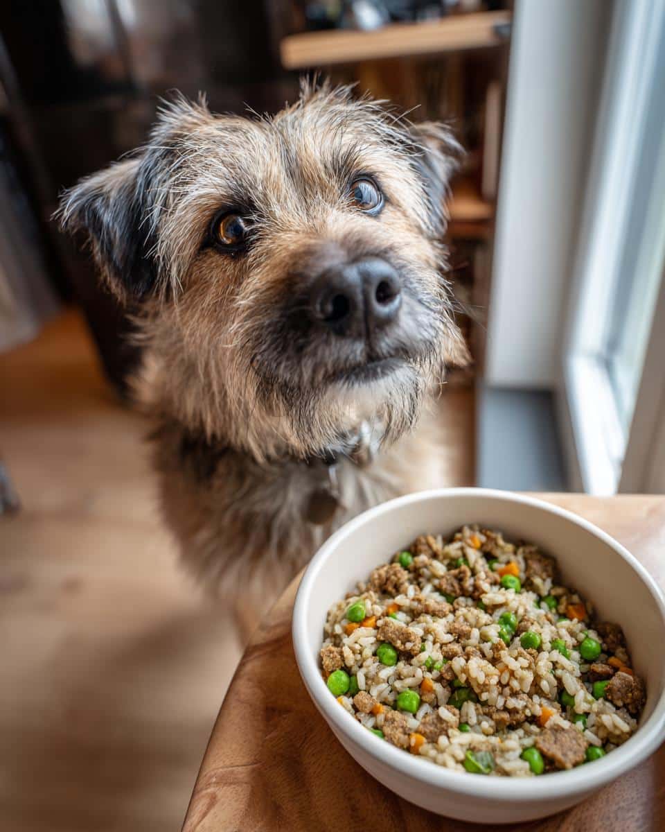 Small dog eagerly awaits a bowl of Salmon & Spinach Small Dog Food. Focus on the dog food bowl.
