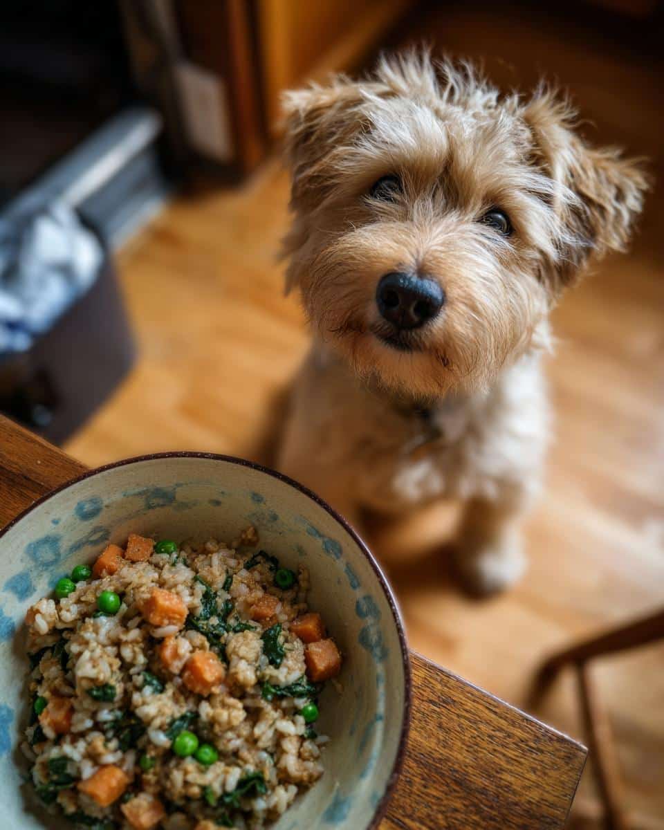 Adorable dog looks longingly at a bowl of Salmon & Spinach Small Dog Food. Healthy and delicious!