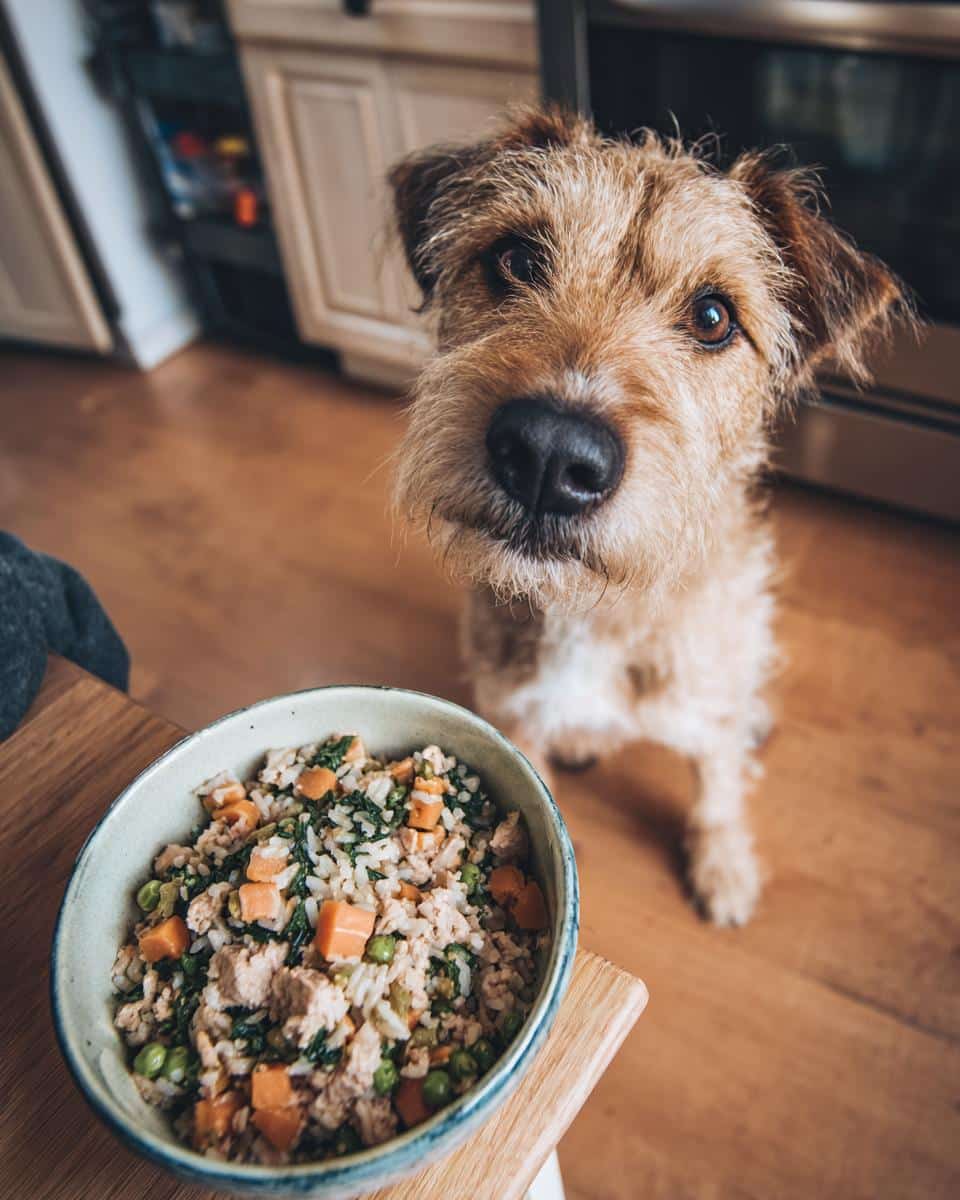 Small dog looking at a bowl of Salmon & Spinach Small Dog Food. Nutritious and delicious!