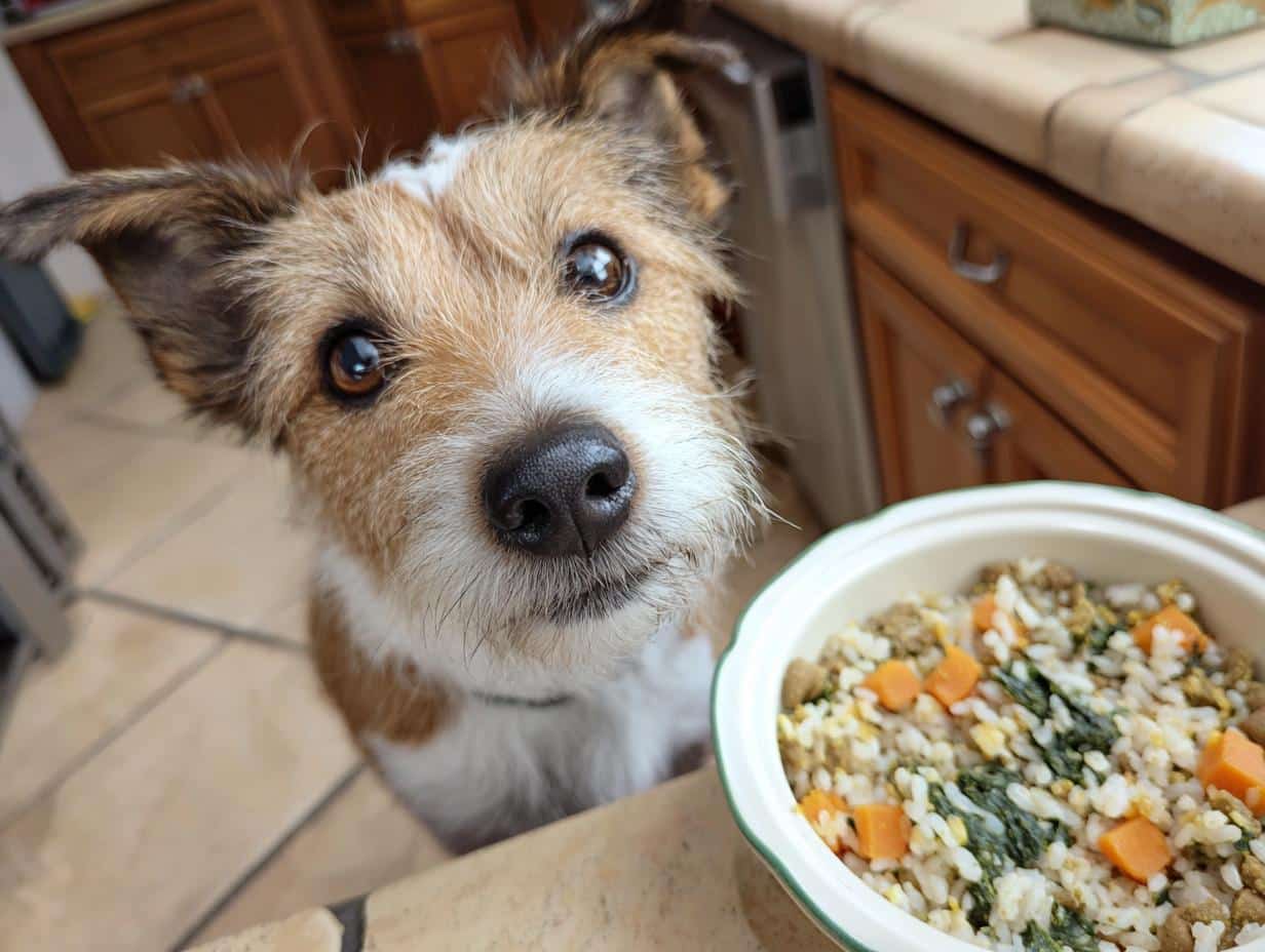 Small dog looking at a bowl of Salmon & Spinach Small Dog Food. Close up shot of the dog's face and the food.