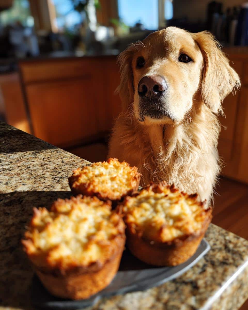 Golden Retriever dog looking at Salmon & Sweet Potato Cakes. Homemade dog treat recipe.