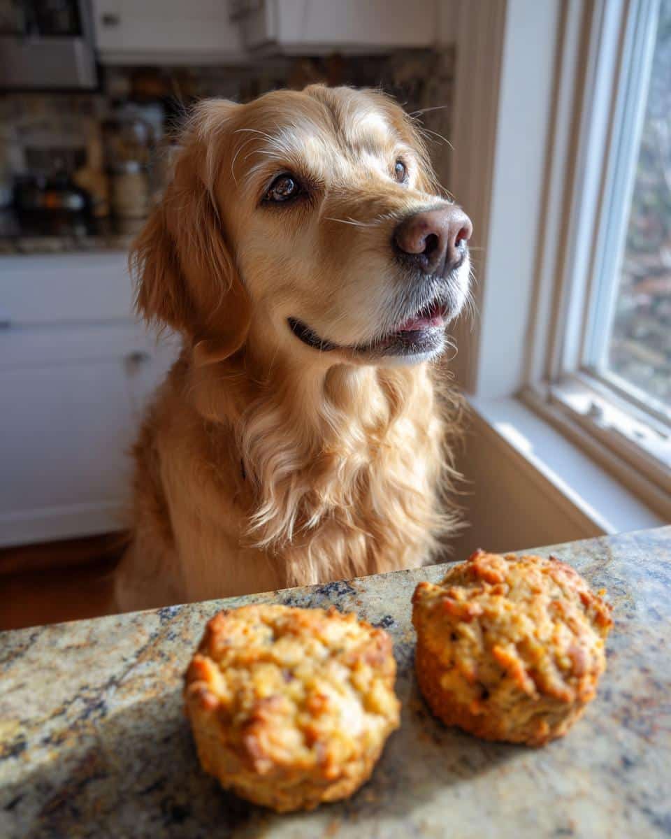 Golden Retriever looking longingly at two Salmon & Sweet Potato Cakes on a counter, ready for a treat.