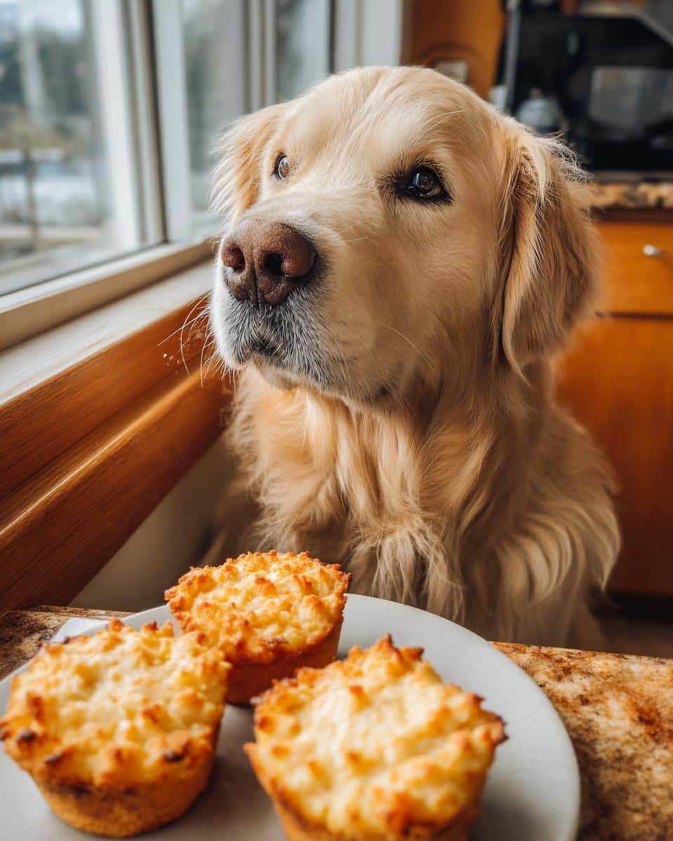 Golden retriever looking at Salmon & Sweet Potato Cakes. Dog is waiting patiently for a treat.