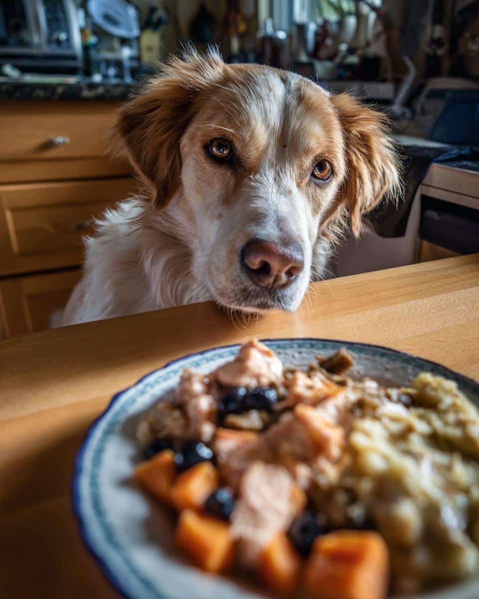 Dog looking longingly at a plate of Salmon & Sweet Potato Dog Food. Focus on the dog's face and the food.