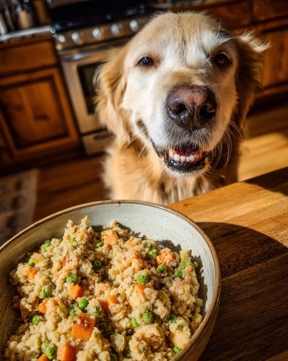 Golden Retriever dog looking at a bowl of Salmon & Sweet Potato Healthy Dog Food.