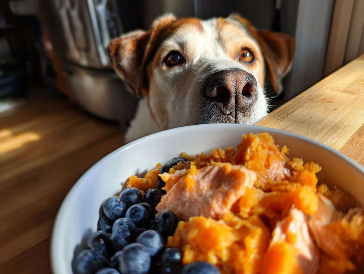 Dog eagerly looks at a bowl of Salmon & Sweet Potato Dog Food with blueberries.