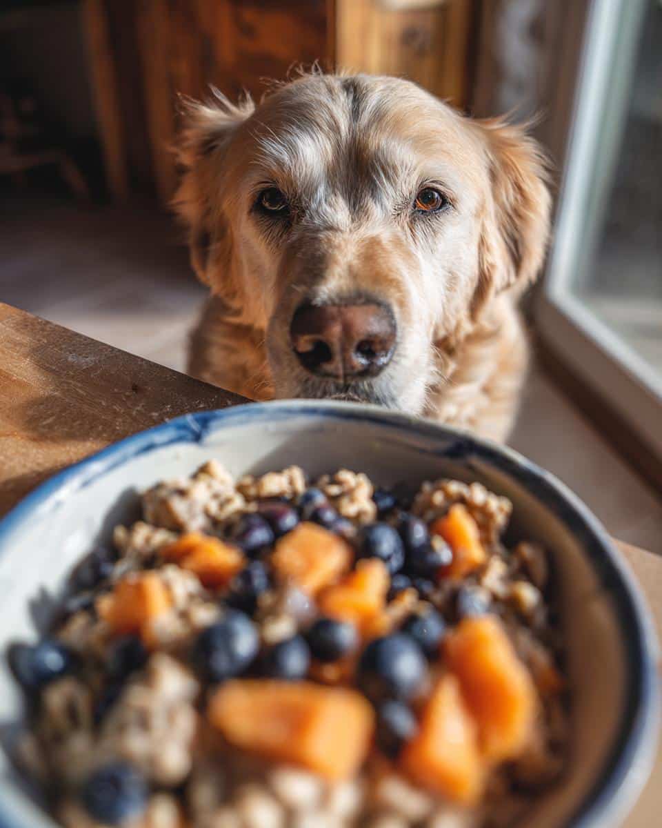 Golden Retriever dog looks longingly at a bowl of Salmon & Sweet Potato Dog Food with blueberries and other ingredients.