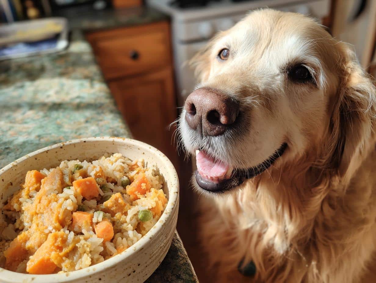 Golden Retriever eagerly awaits a bowl of Salmon & Sweet Potato Healthy Dog Food.