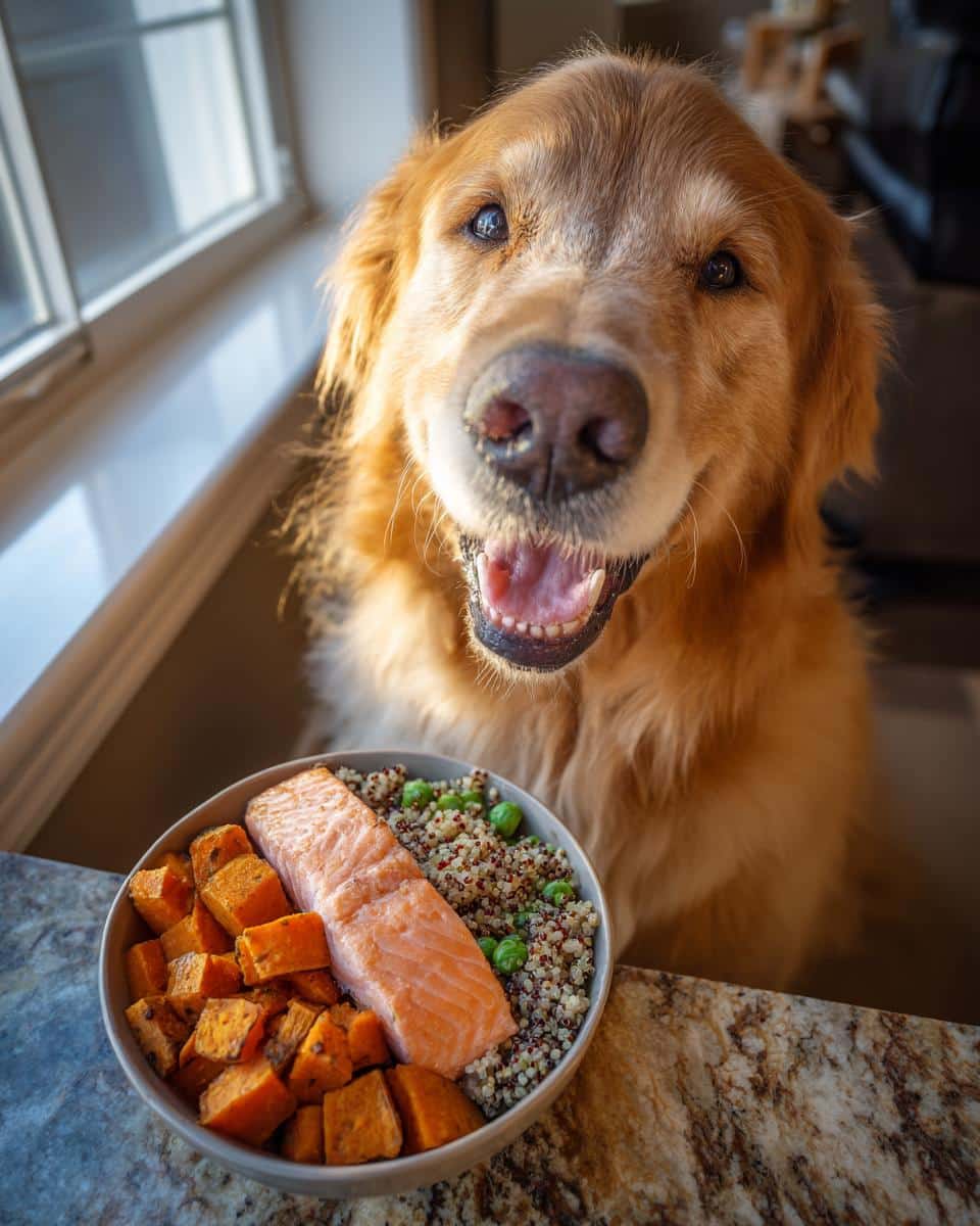 Golden Retriever dog eagerly awaits a bowl of Salmon & Sweet Potato Dog Meal.