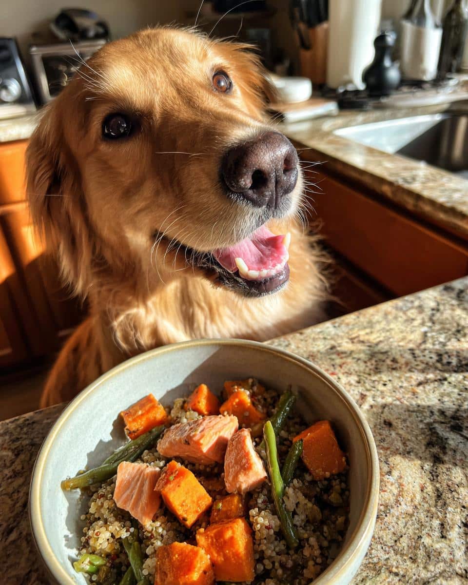 Golden Retriever eagerly awaits a bowl of Salmon & Sweet Potato Dog Meal with quinoa and green beans.