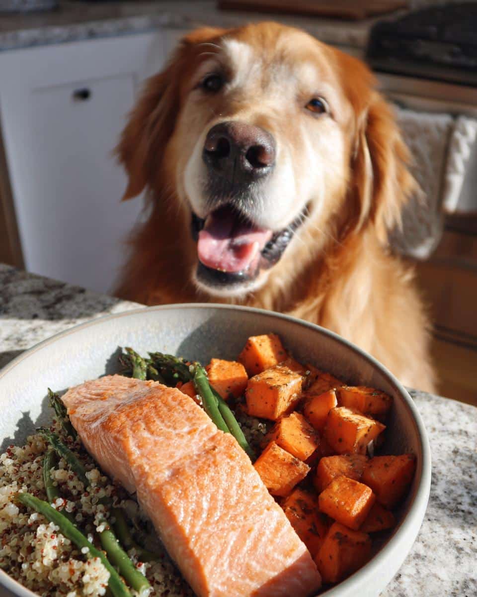 A bowl of Salmon & Sweet Potato Dog Meal with a happy golden retriever dog in the background.