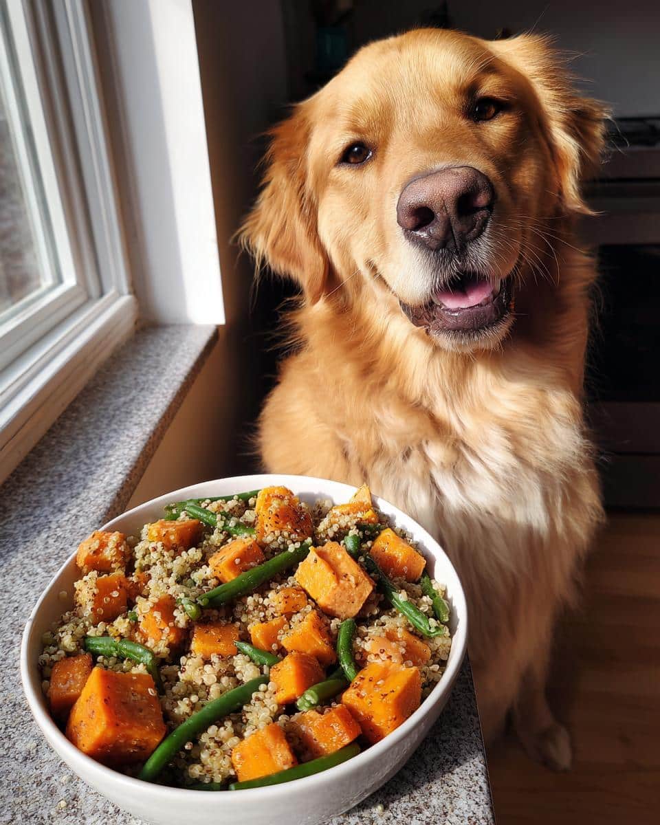 Happy Golden Retriever dog next to a bowl of Salmon & Sweet Potato Dog Meal with green beans.