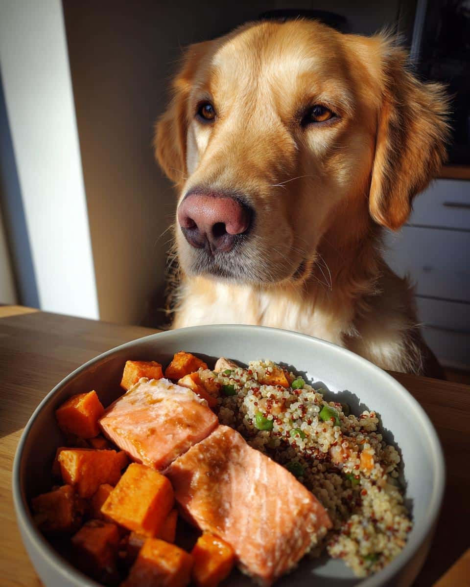 Golden Retriever eyeing a bowl of Salmon & Sweet Potato Dog Meal. Healthy and delicious!