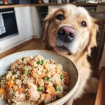 Golden retriever looking at a bowl of Salmon & Sweet Potato Healthy Dog Food. Healthy and delicious meal for dogs.