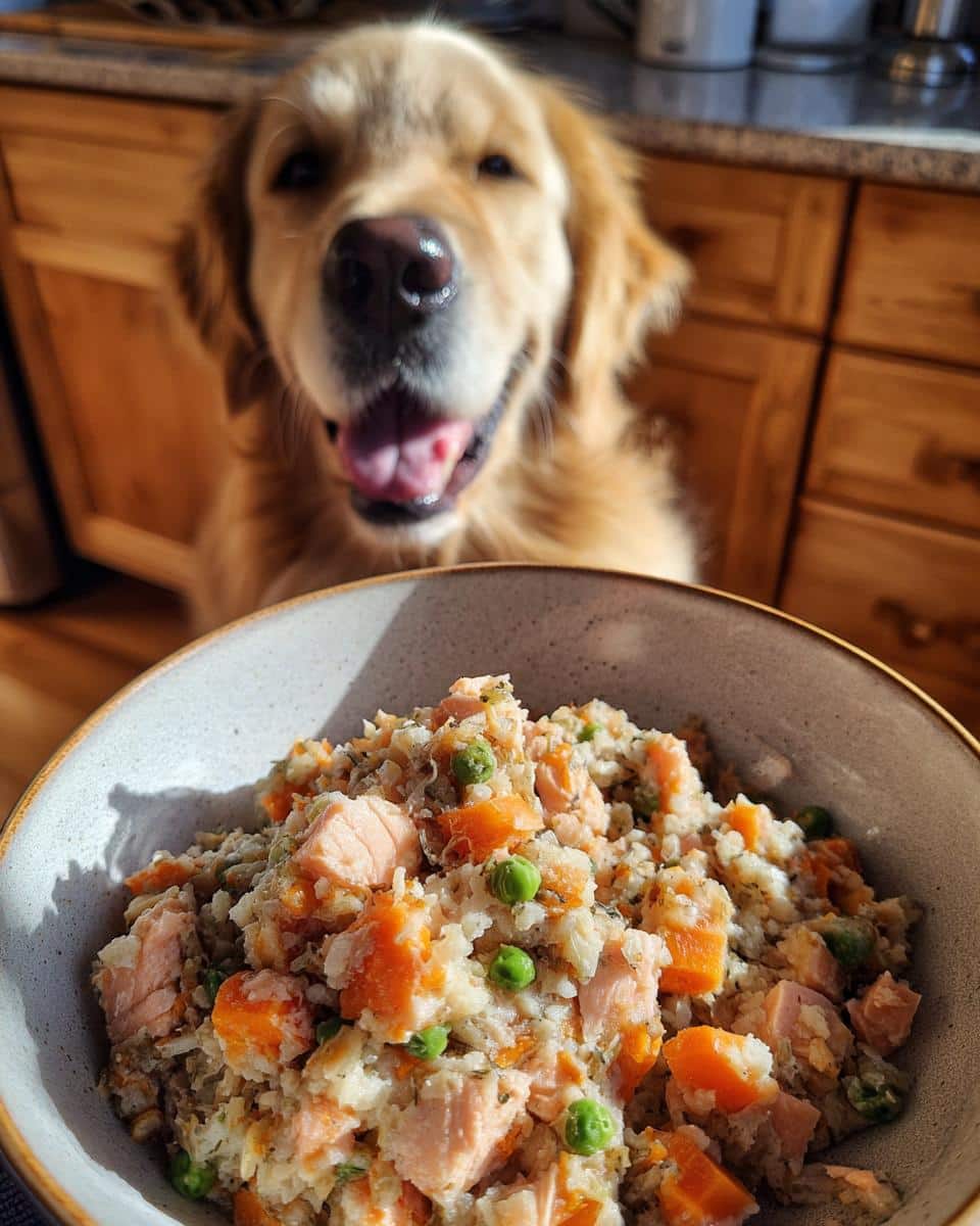 Golden Retriever dog eagerly awaiting a bowl of Salmon & Sweet Potato Healthy Dog Food.
