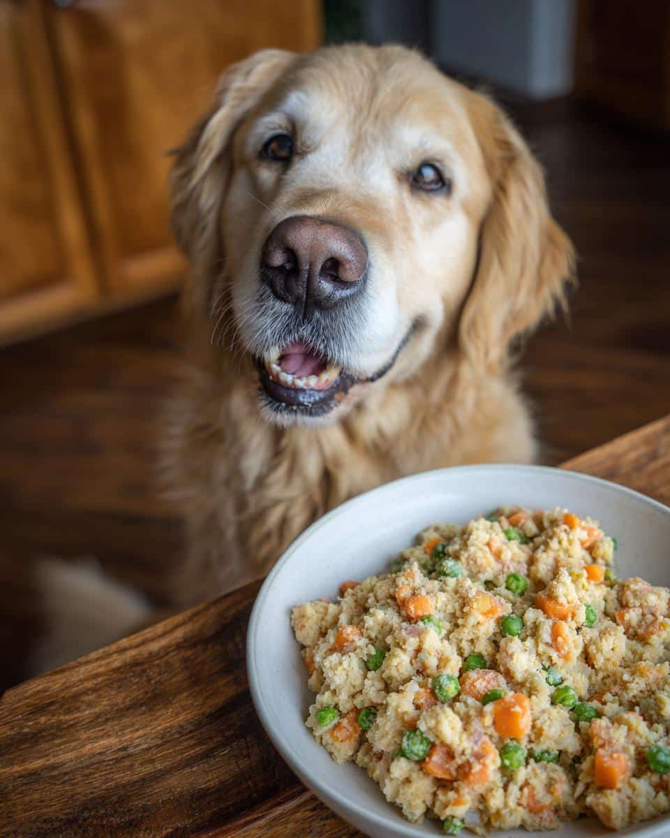 Golden retriever looking at a bowl of Salmon & Sweet Potato Healthy Dog Food on a wooden table.