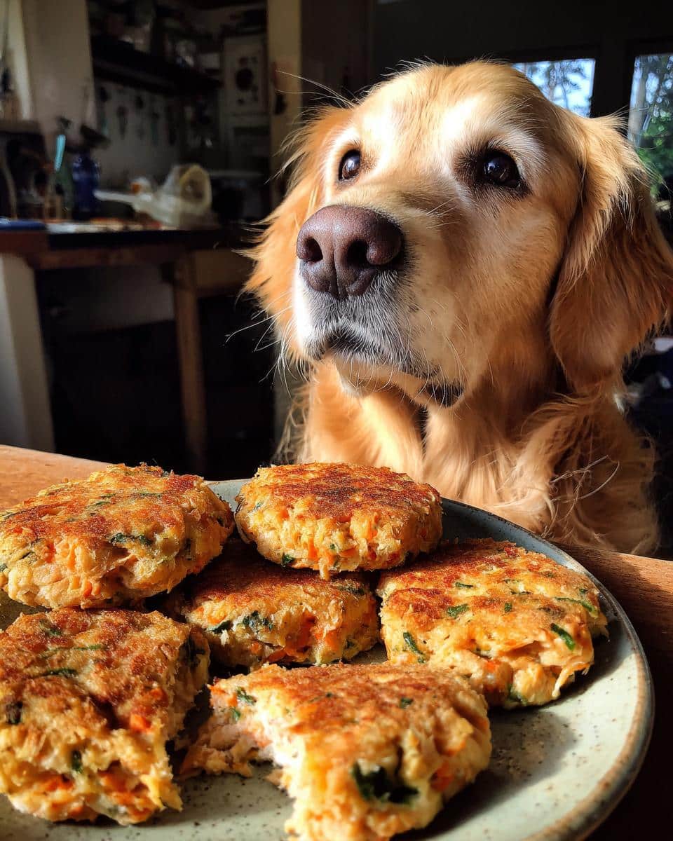 Golden retriever looking longingly at a plate of Salmon Veggie Patties, a recipe for dogs.