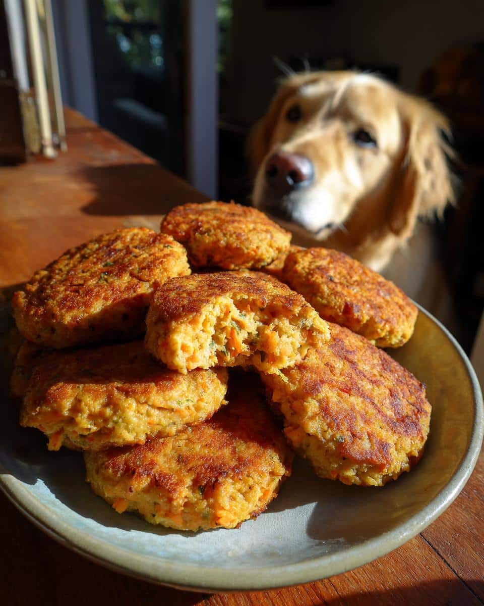 A plate of Salmon Veggie Patties for Dogs, with a Golden Retriever looking longingly in the background.