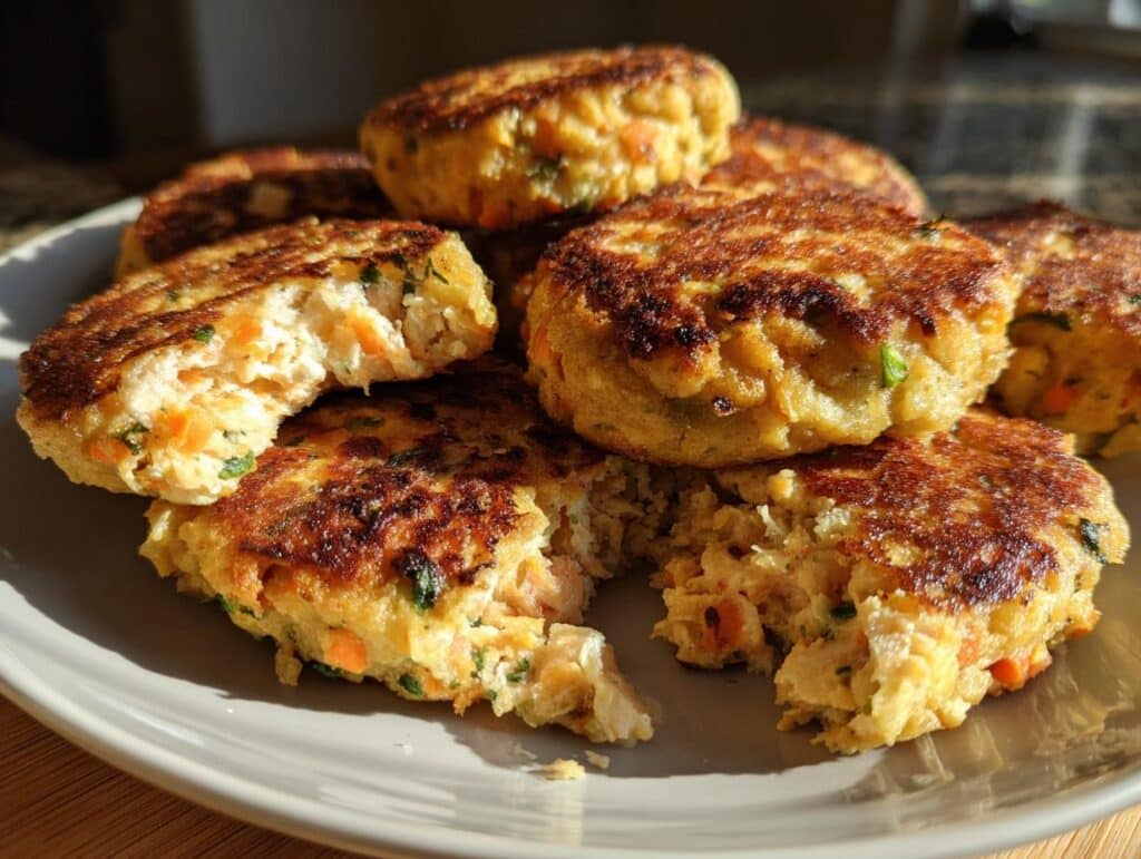 A stack of cooked Salmon Veggie Patties on a plate, one patty broken open to show the inside texture.