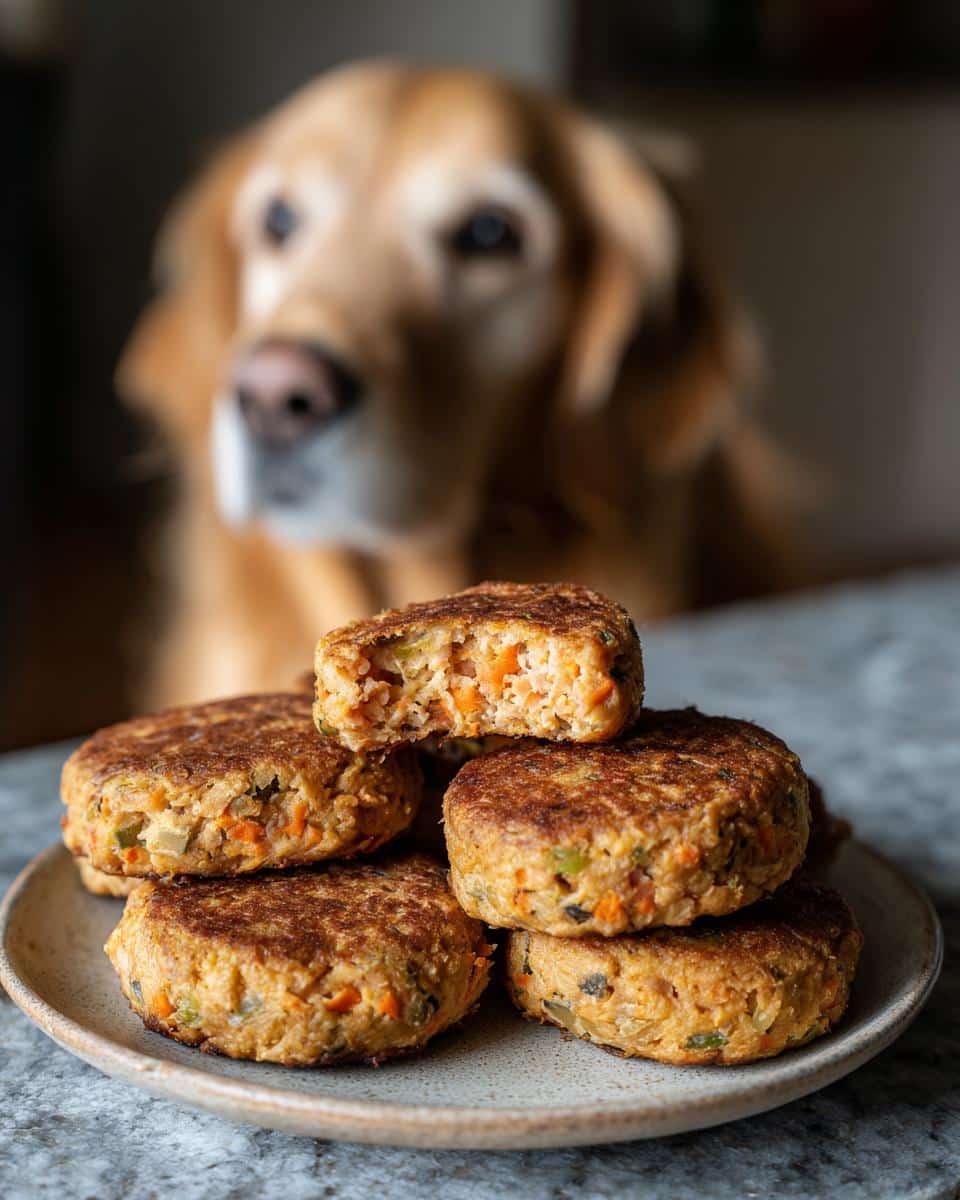 A stack of homemade Salmon Veggie Patties for Dogs on a plate, with a golden retriever in the background.