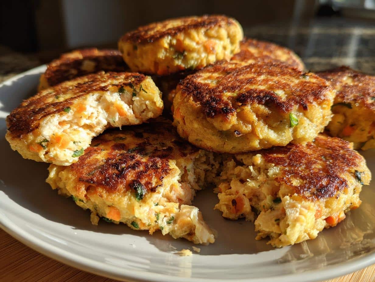 A stack of cooked Salmon Veggie Patties on a plate, one patty broken open to show the inside texture.