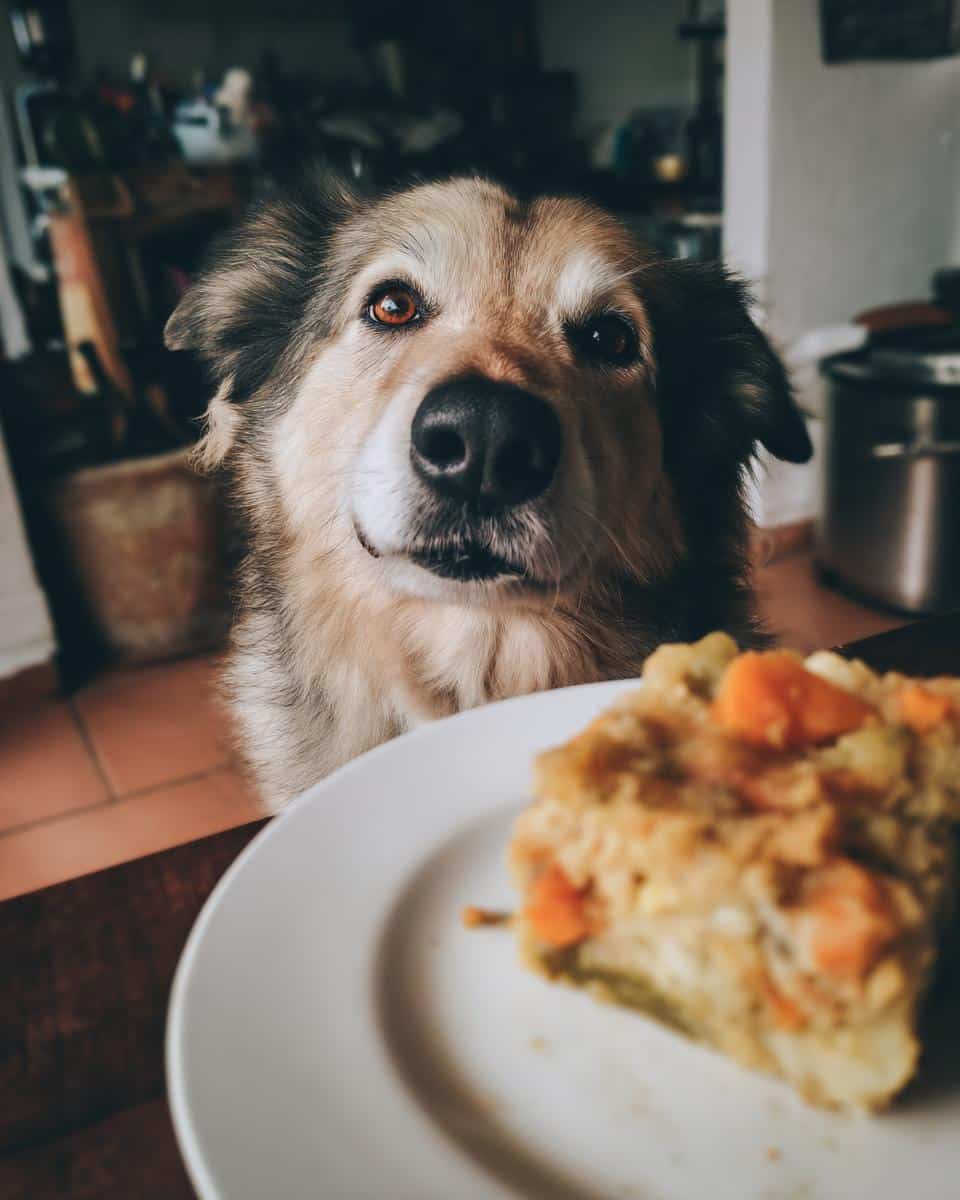 A dog eagerly looks at a plate of Salmon & Zucchini Dog Meal, ready to enjoy a tasty and healthy dinner.