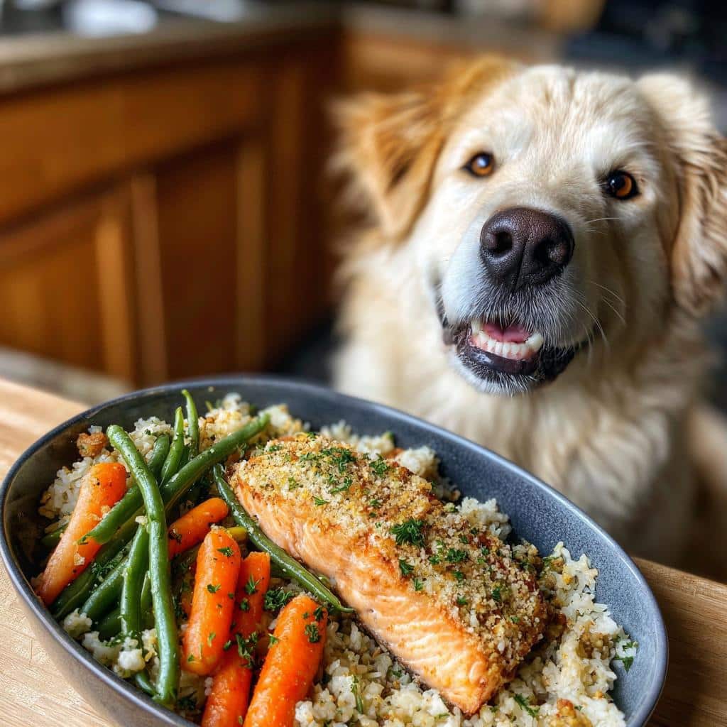 A bowl of Salmon & Zucchini Dog Meal with green beans and carrots, with a happy dog in the background.