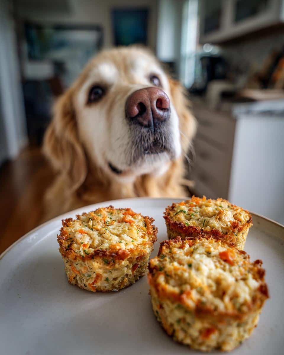 Three Sardine & Carrot Patties – Recipe for Dogs on a plate with a golden retriever looking longingly in the background.