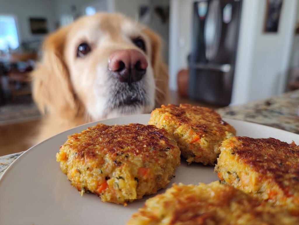 Golden retriever looking at a plate of Sardine & Carrot Patties, a dog-friendly recipe.