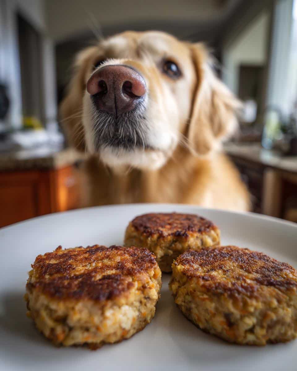 Golden retriever dog looking at a plate of Sardine & Carrot Patties. Focus on the patties.